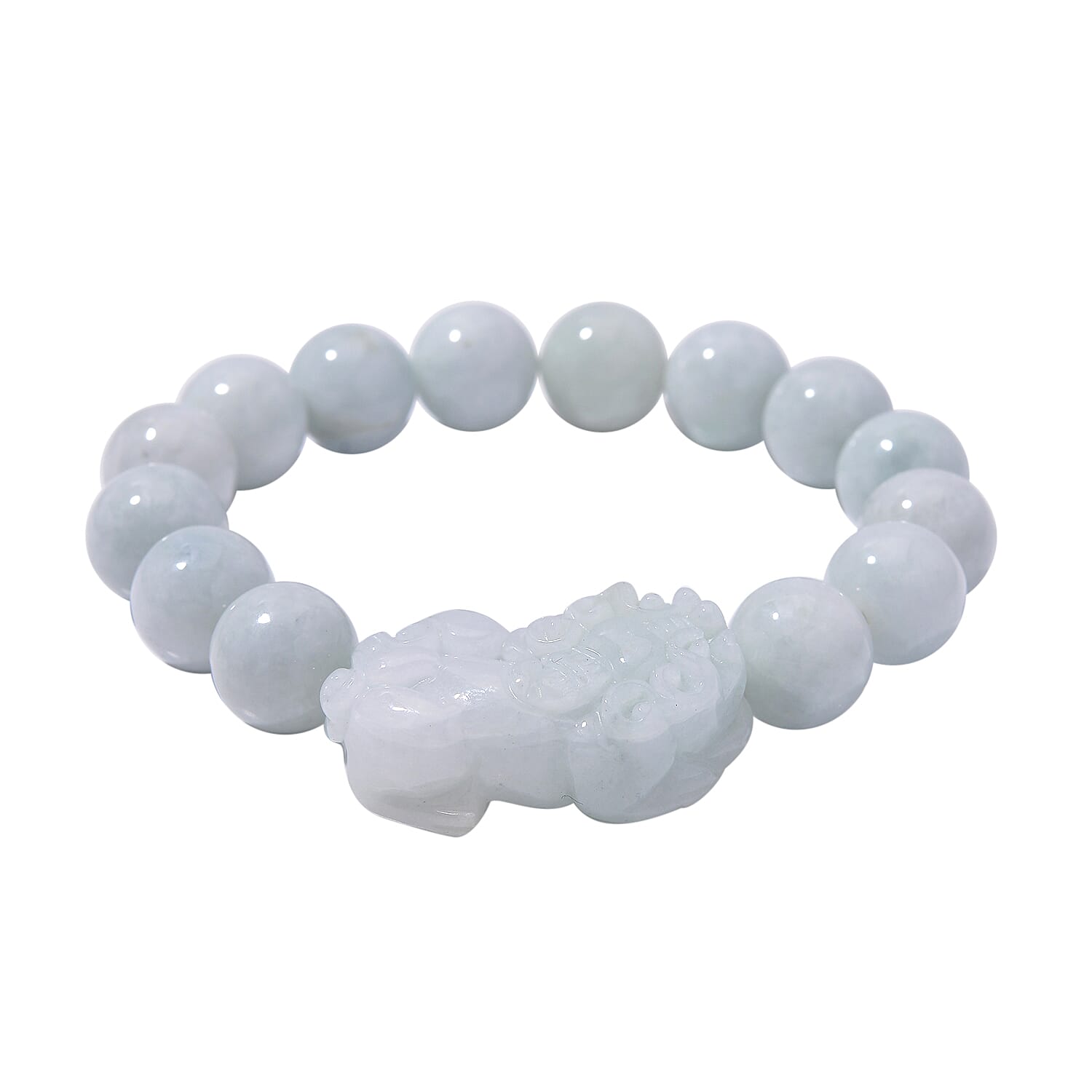 Natural Type A White Jadeite Bracelet With Pixiu Carving (Size - 7.5 Stretchable) 330.0 Ct.