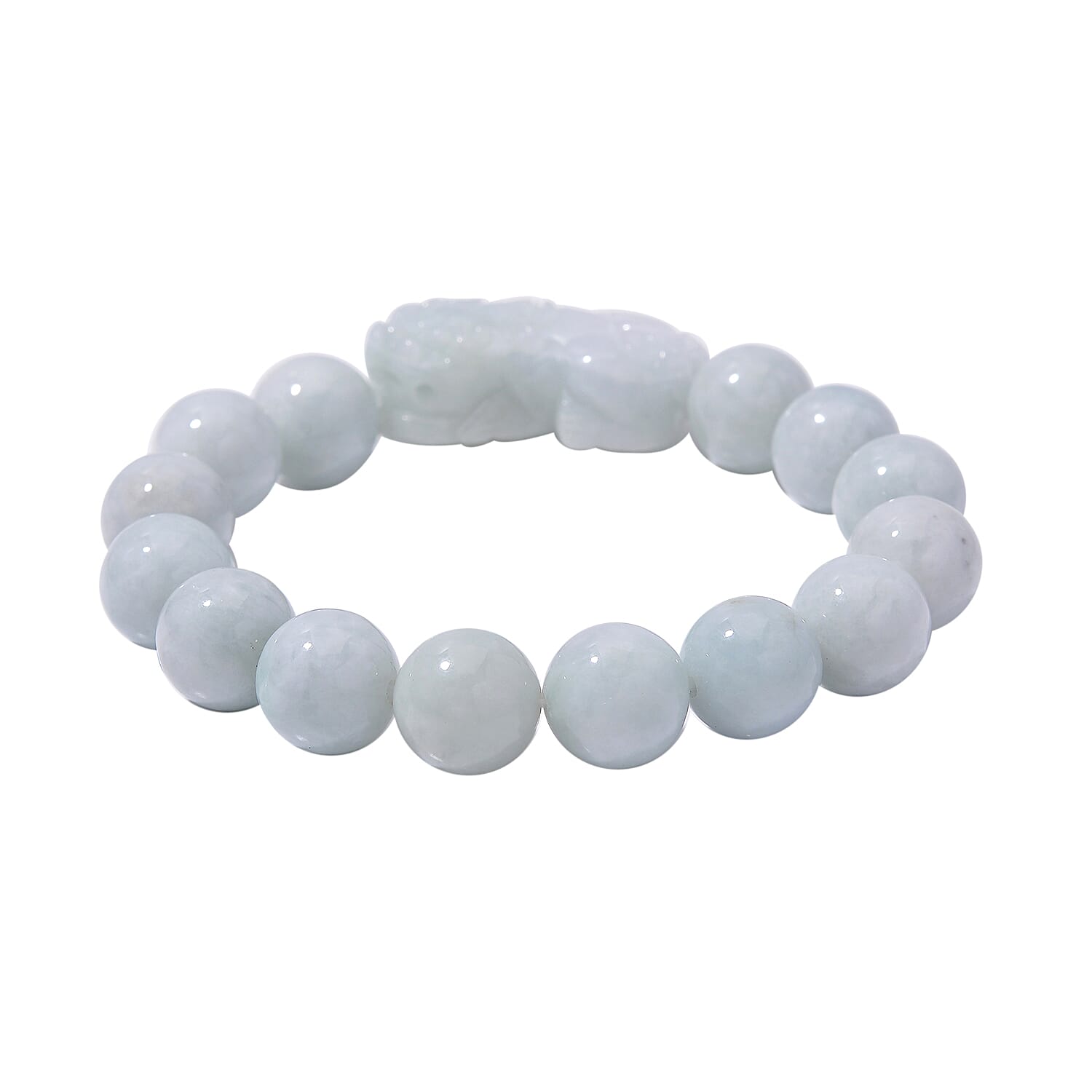 Natural Type A White Jadeite Bracelet With Pixiu Carving (Size - 7.5 Stretchable) 330.0 Ct.