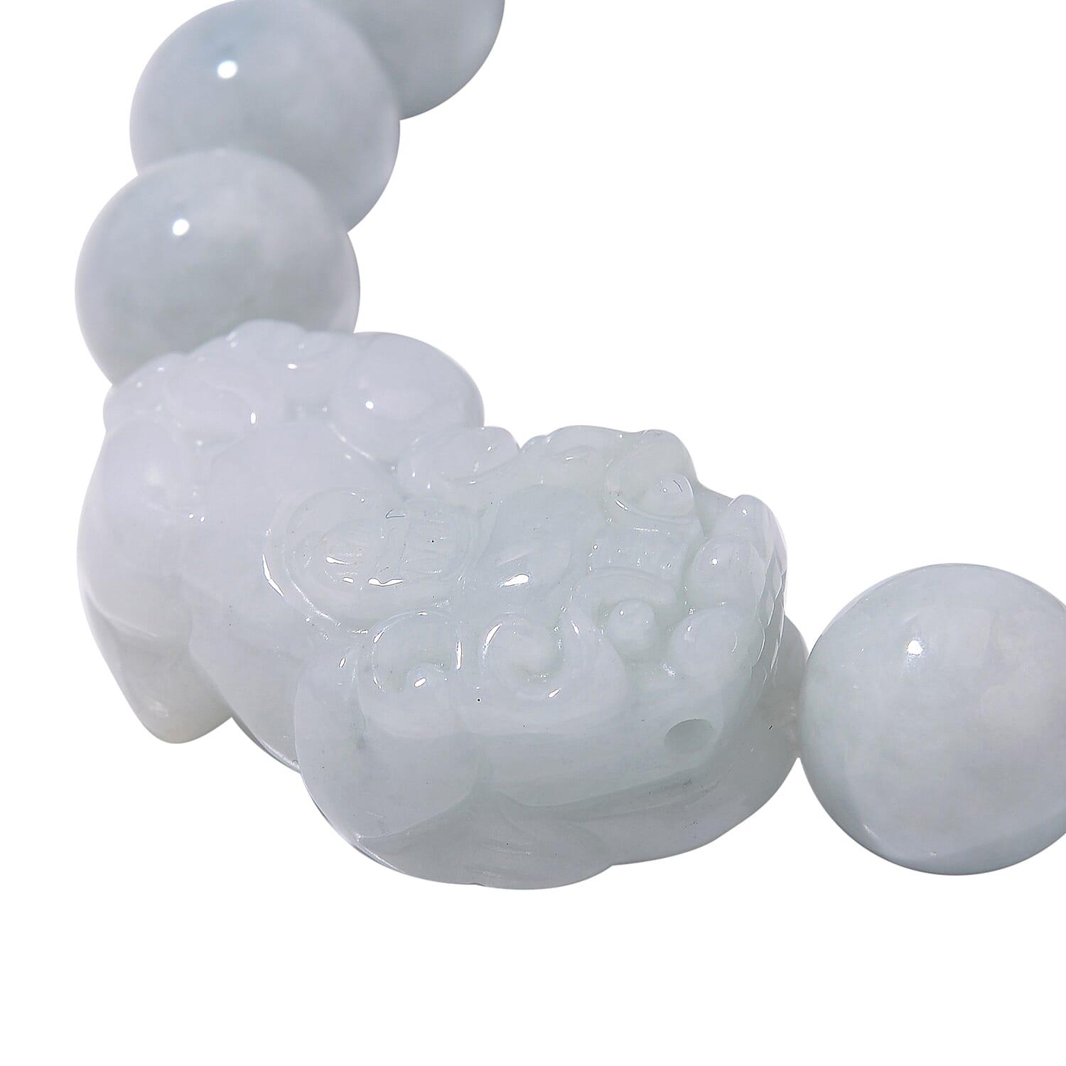 Natural Type A White Jadeite Bracelet With Pixiu Carving (Size - 7.5 Stretchable) 330.0 Ct.