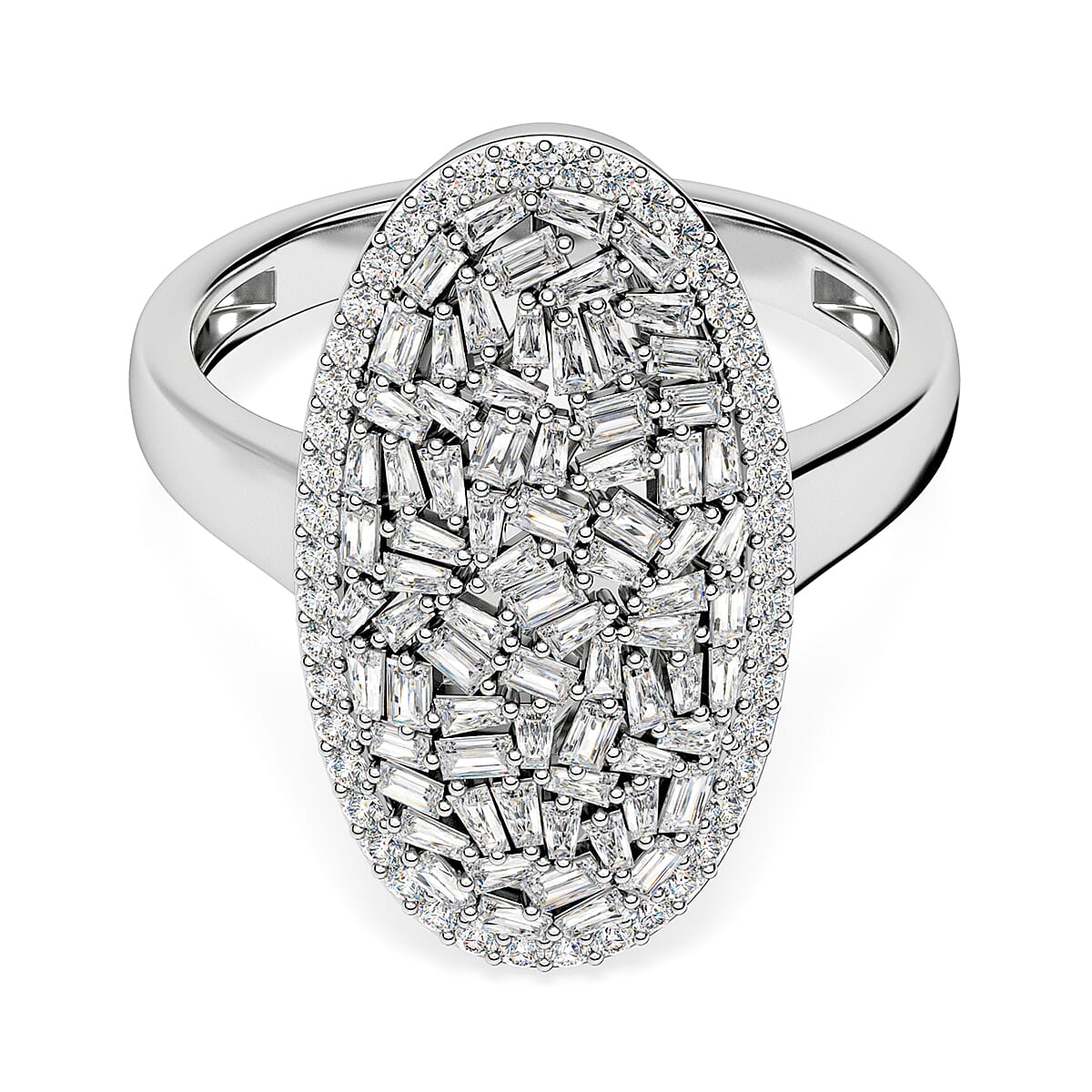 Natural White Diamond Firecracker Cluster Ring in Rhodium Overlay Sterling Silver 1 ct, Silver Wt. 5.2 Gms