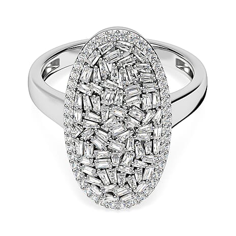 Natural White Diamond Firecracker Cluster Ring in Rhodium Overlay Sterling Silver 1.00 Ct, Silver Wt. 5.20 Gms