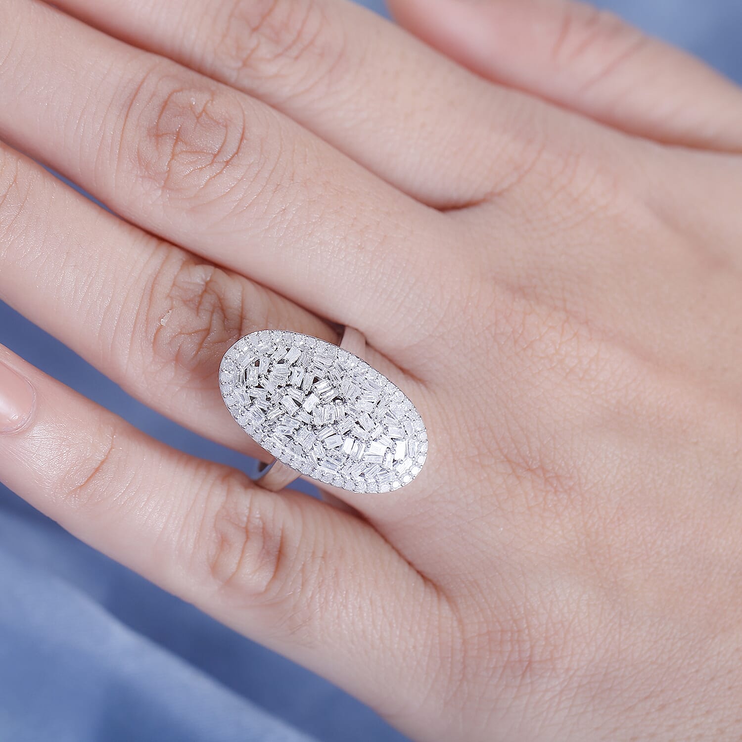 Natural White Diamond Firecracker Cluster Ring in Rhodium Overlay Sterling Silver 1 ct, Silver Wt. 5.2 Gms