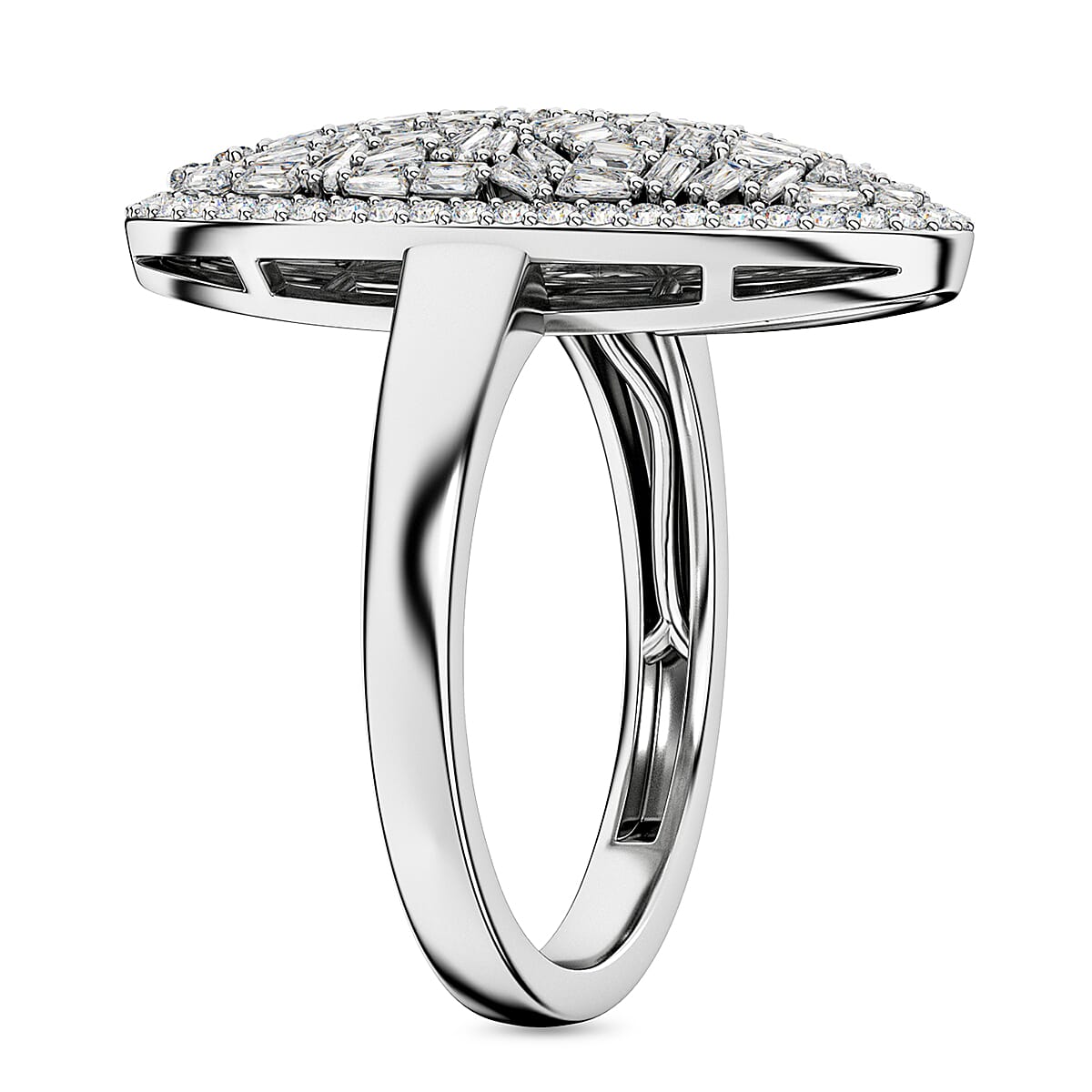 Natural White Diamond Firecracker Cluster Ring in Rhodium Overlay Sterling Silver 1 ct, Silver Wt. 5.2 Gms