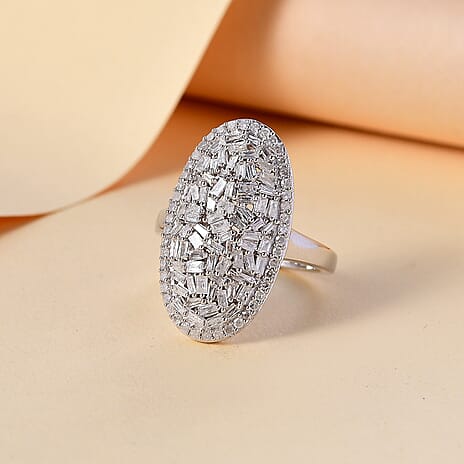 Natural White Diamond Firecracker Cluster Ring in Rhodium Overlay Sterling Silver 1 ct, Silver Wt. 5.2 Gms