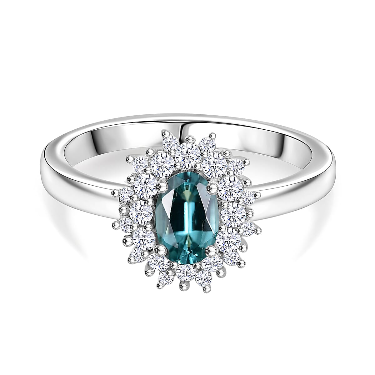 Lagoon Tourmaline, Moissanite Halo Ring in Rhodium Sterling Silver