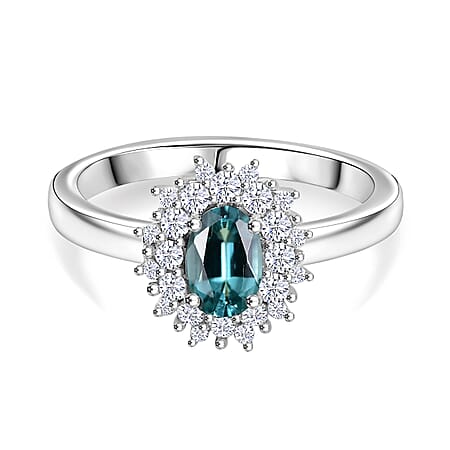 Lagoon Tourmaline, Moissanite Halo Ring in Rhodium Overlay Sterling Silver 0.80 ct.