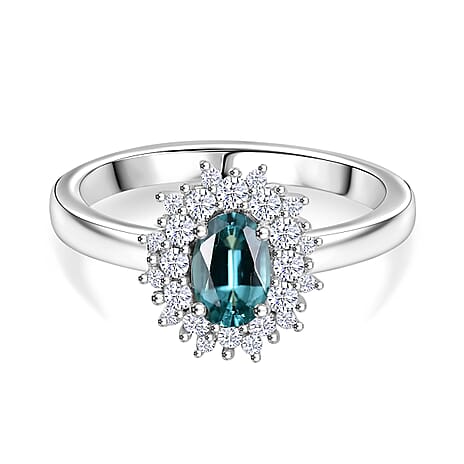 Lagoon Tourmaline, Moissanite Halo Ring in Rhodium Sterling Silver