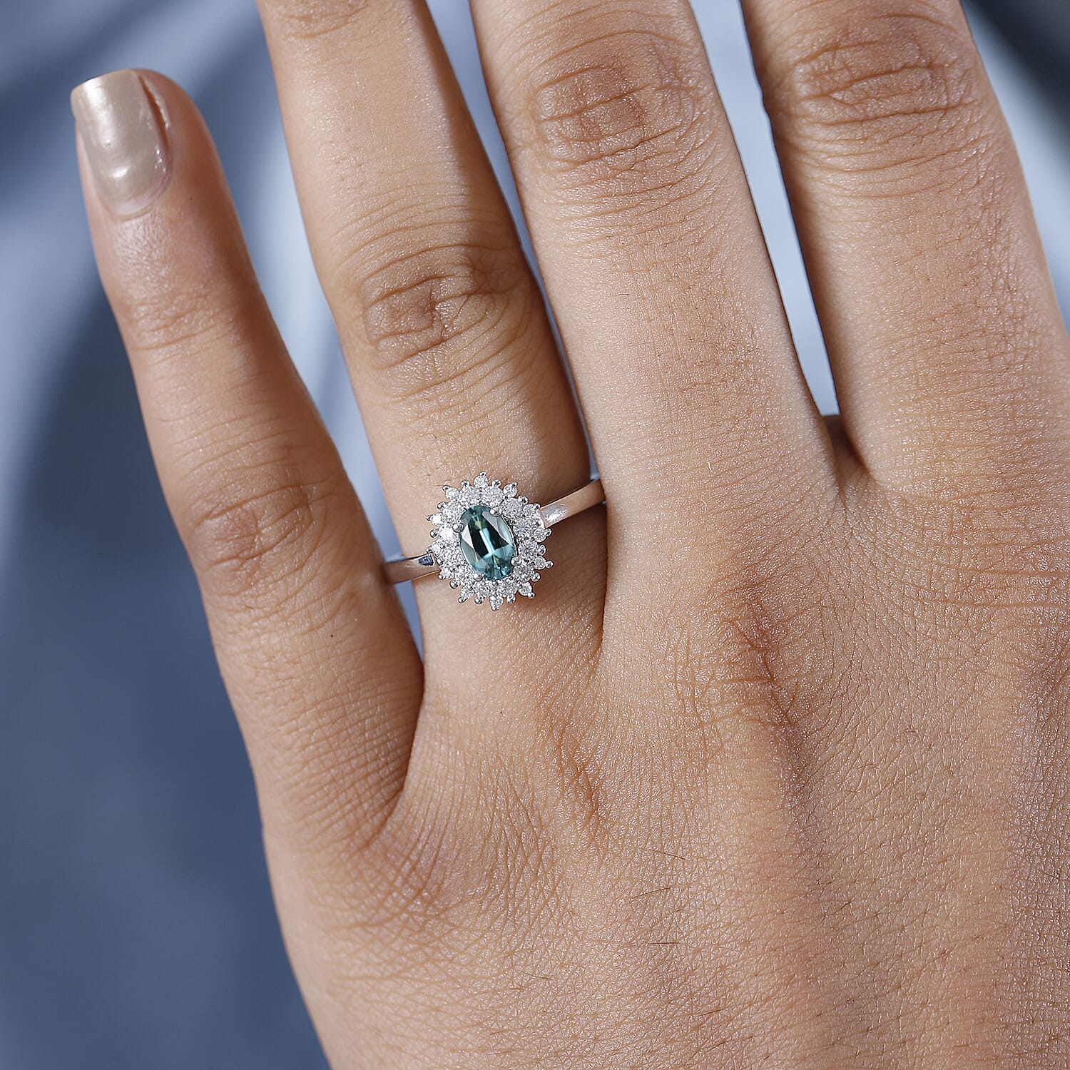 Lagoon Tourmaline, Moissanite Halo Ring in Rhodium Sterling Silver