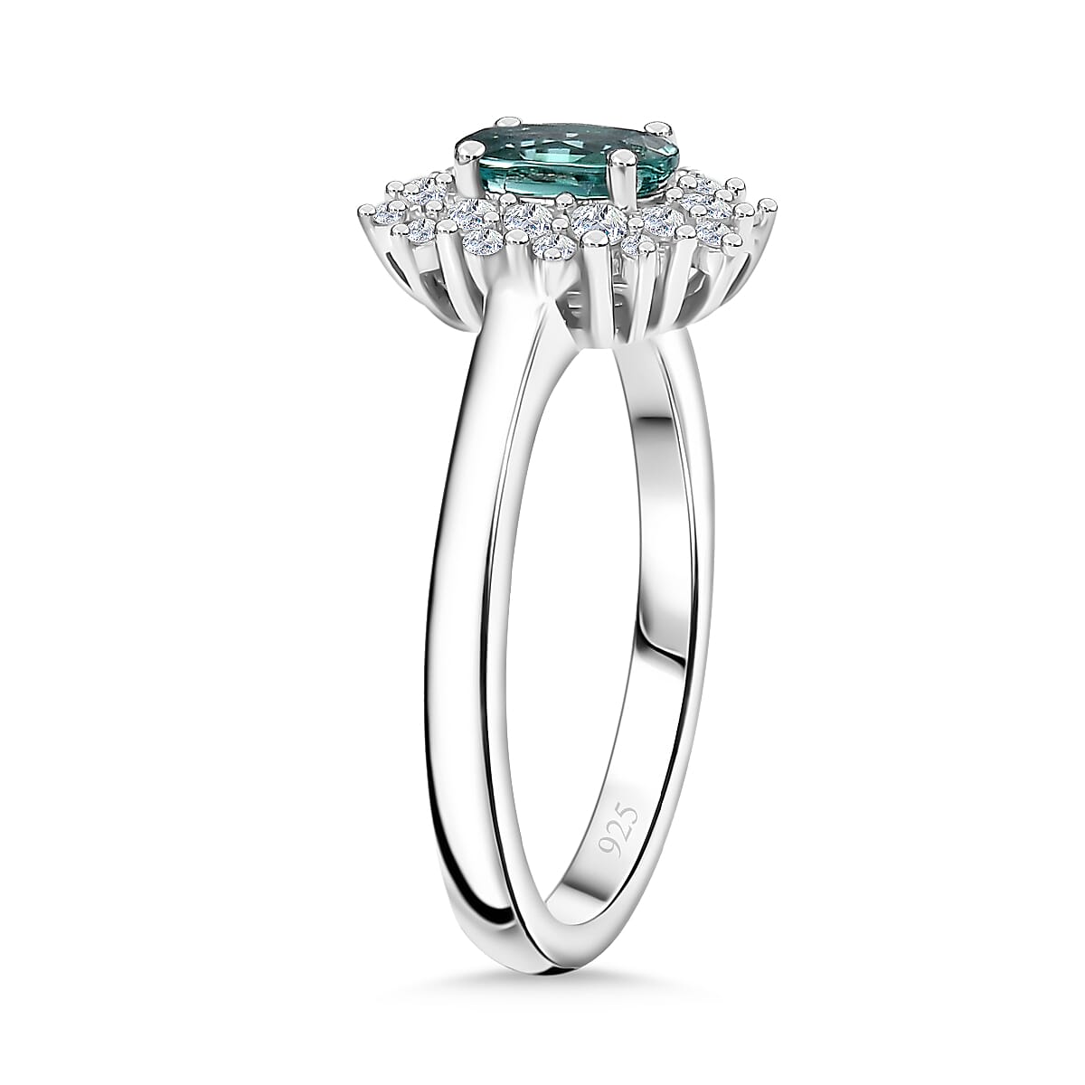 Lagoon Tourmaline, Moissanite Halo Ring in Rhodium Sterling Silver