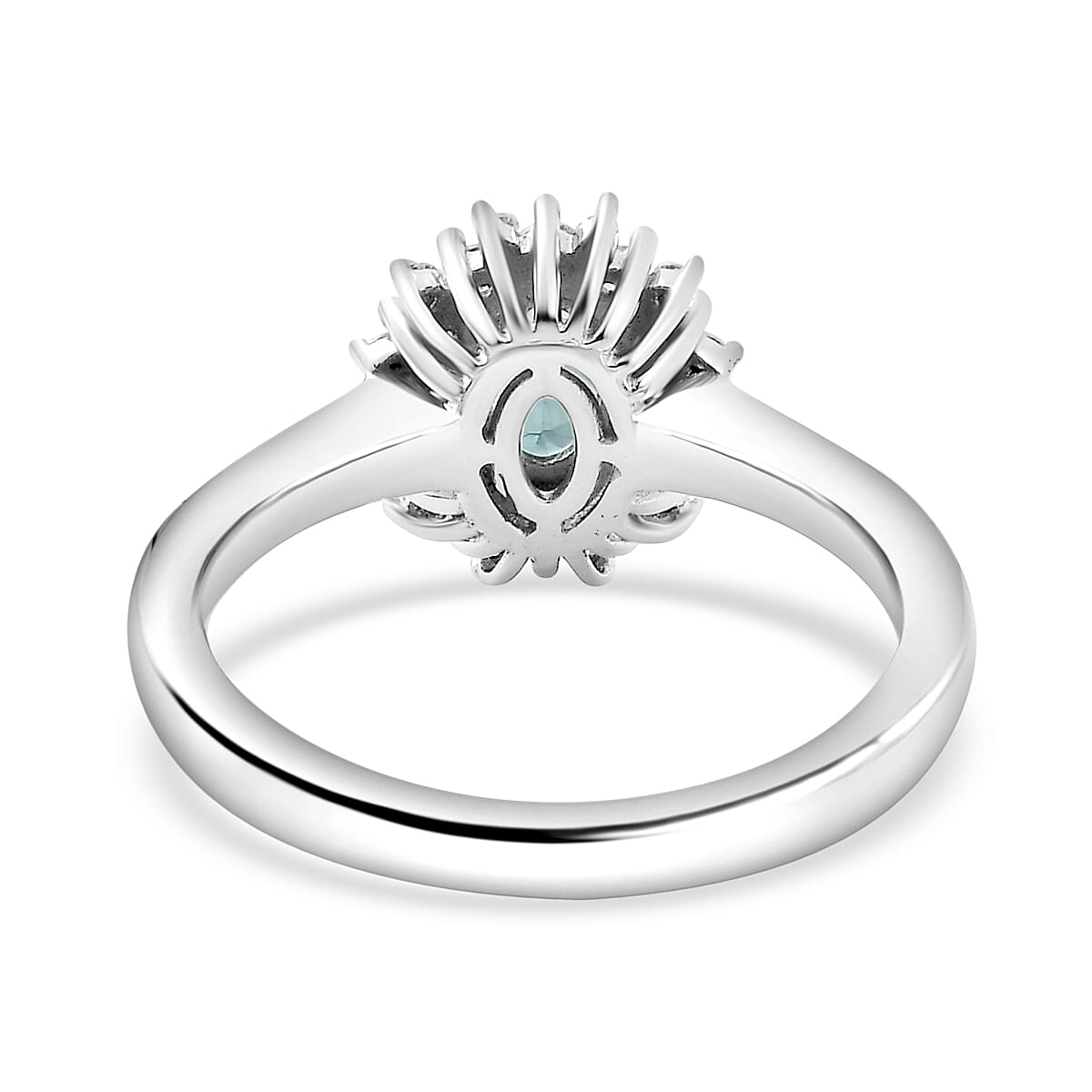 Lagoon Tourmaline, Moissanite Halo Ring in Rhodium Sterling Silver
