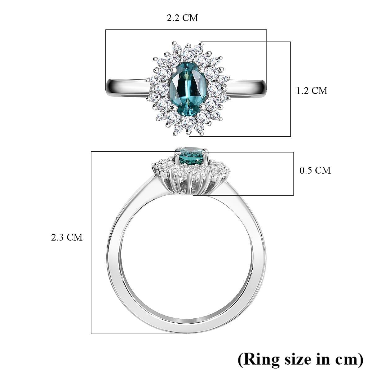 Lagoon Tourmaline, Moissanite Halo Ring in Rhodium Sterling Silver