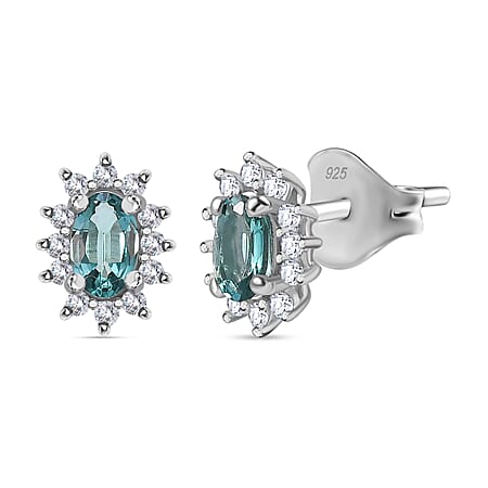 Lagoon Tourmaline & Moissanite Solitaire Stud Earring (With Push Back) in Rhodium Overlay Sterling Silver