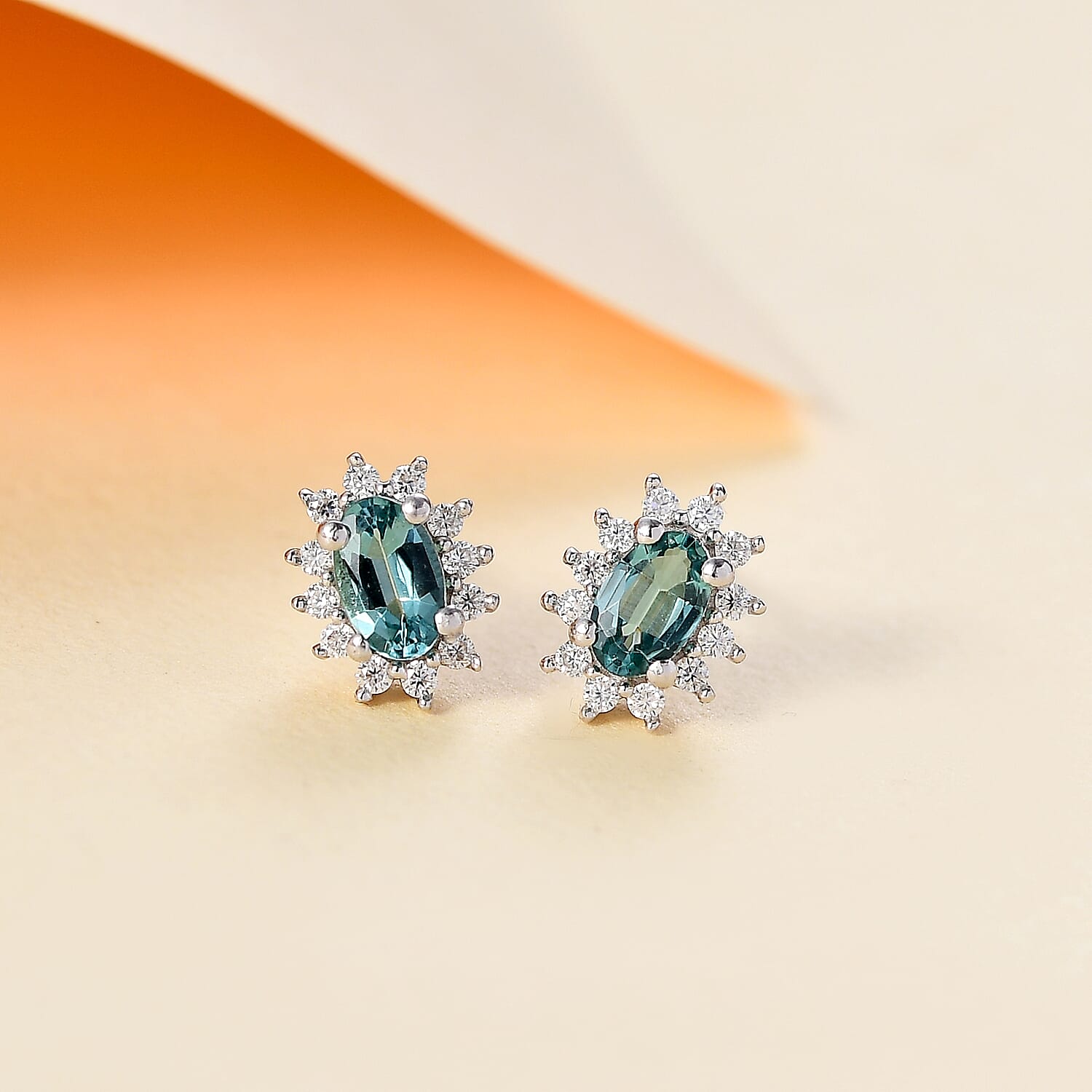 Lagoon Tourmaline & Moissanite Solitaire Stud Earring (With Push Back) in Rhodium Overlay Sterling Silver