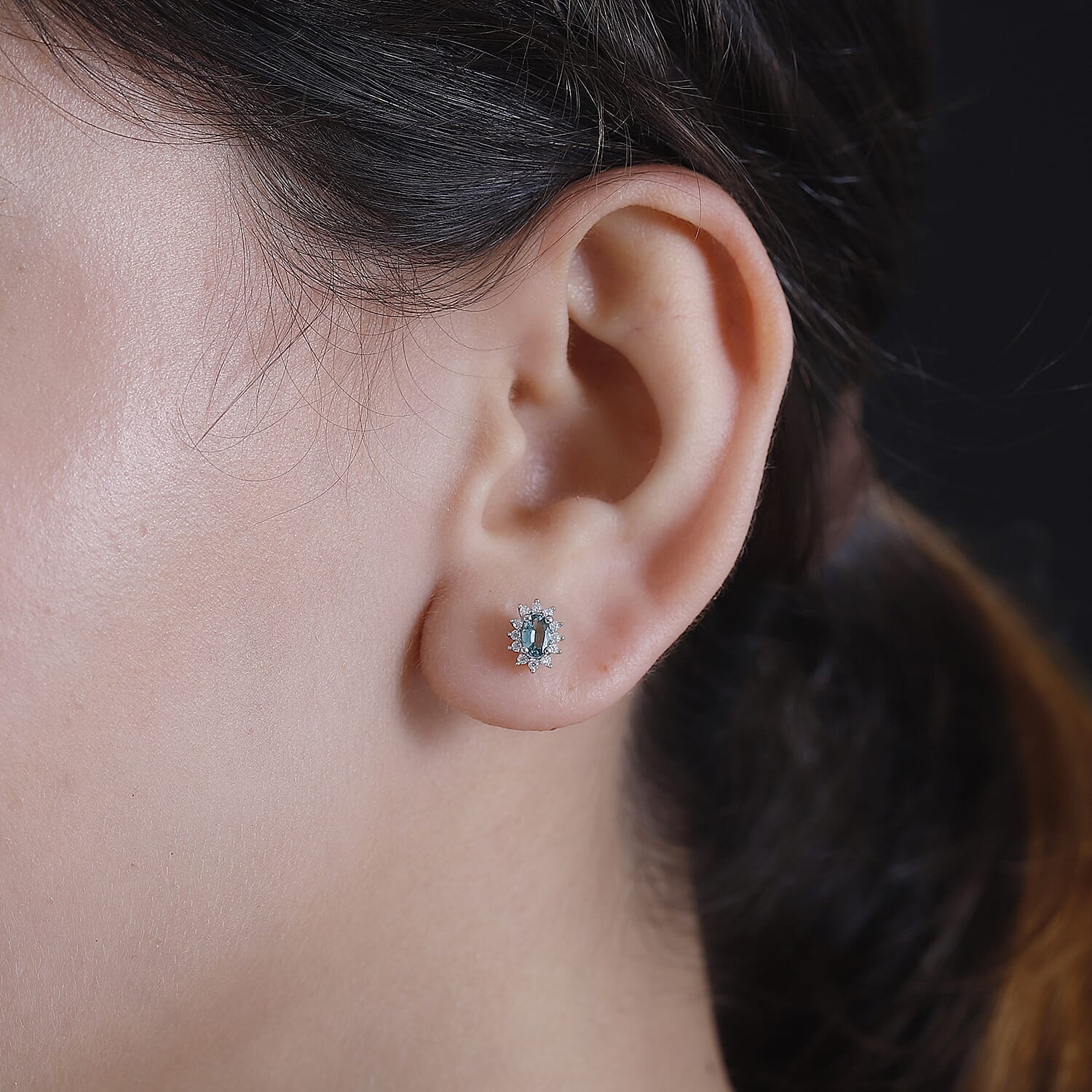 Lagoon Tourmaline & Moissanite Solitaire Stud Earring (With Push Back) in Rhodium Overlay Sterling Silver