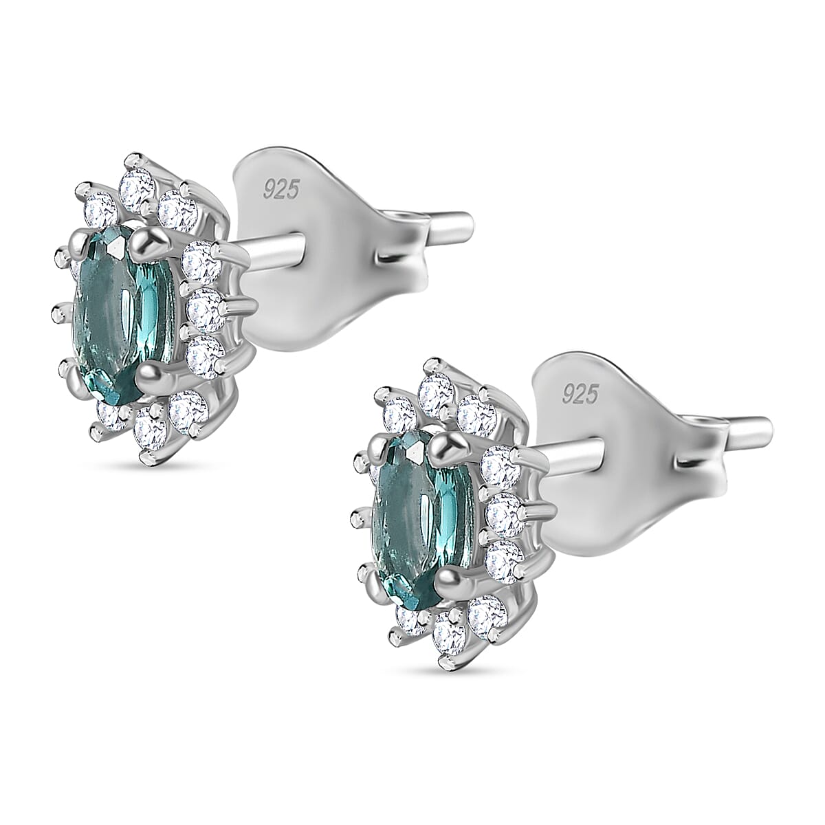 Lagoon Tourmaline & Moissanite Solitaire Stud Earring (With Push Back) in Rhodium Overlay Sterling Silver