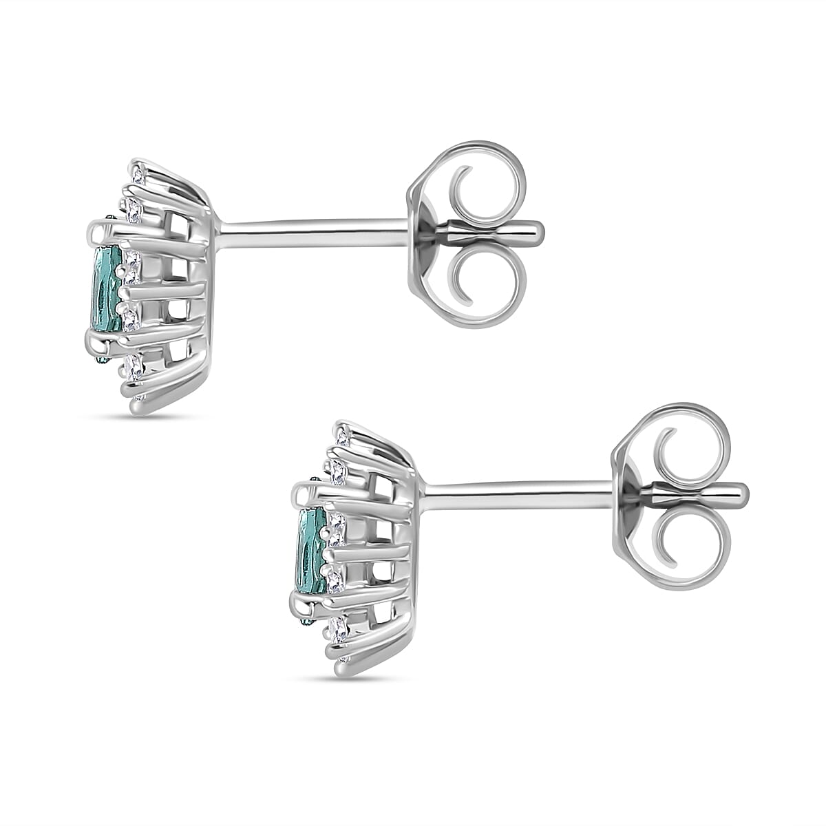 Lagoon Tourmaline & Moissanite Solitaire Stud Earring (With Push Back) in Rhodium Overlay Sterling Silver