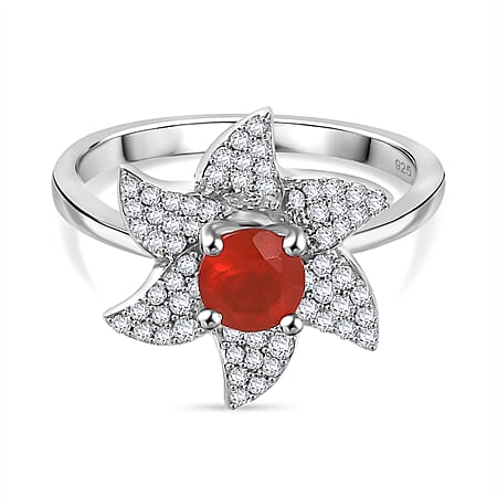 Crimson Fire Opal, White Zircon Star Ring in Rhodium Overlay Sterling Silver