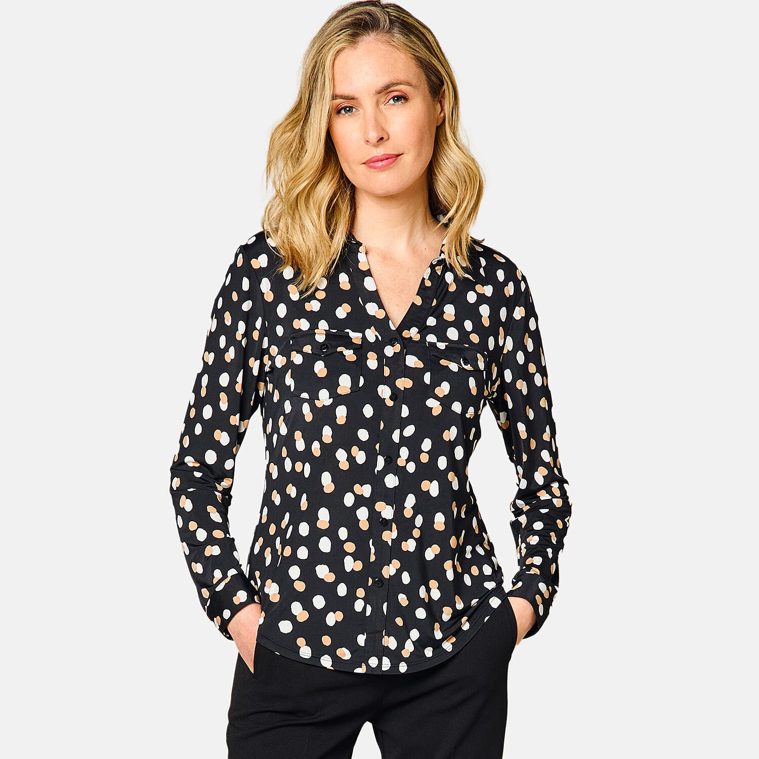 Emreco Long Sleeve Animal Print Blouse - Polka Dot