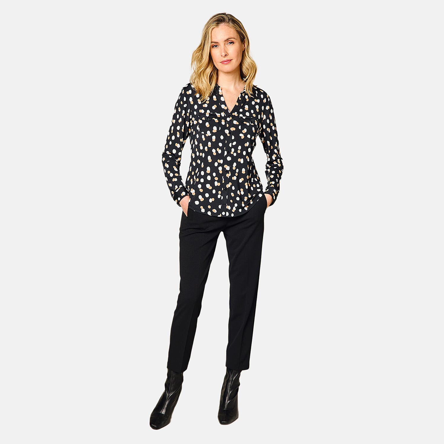 Emreco Long Sleeve Animal Print Blouse - Polka Dot