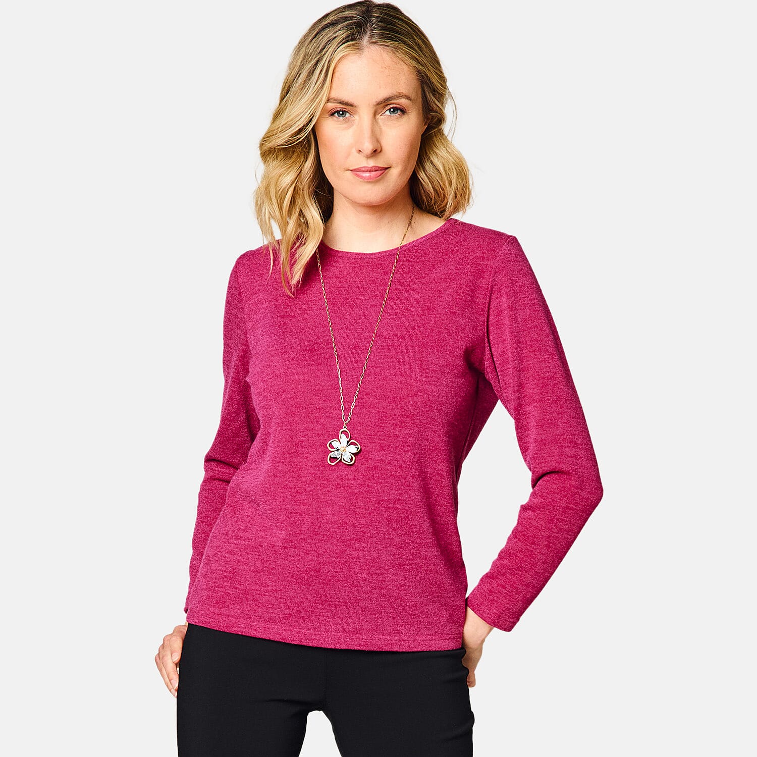 Emreco Soft Touch Round Neck Top with Necklace - Pink