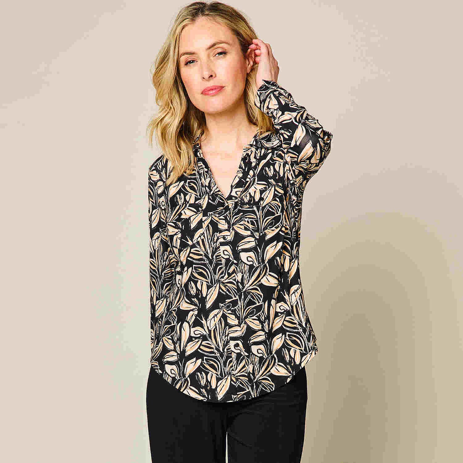 Emreco Long Sleeve Leaf Print Blouse (Size 12) - Brown