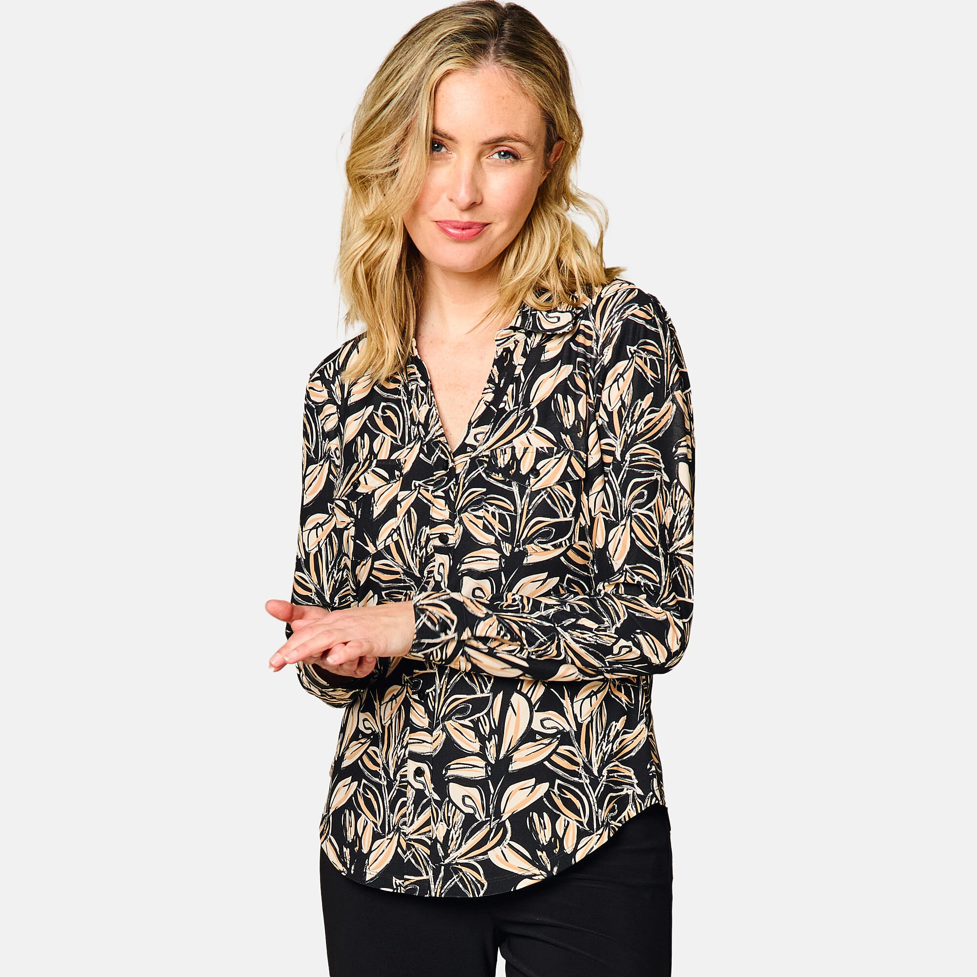 Emreco Long Sleeve Animal Print Blouse - Leaf