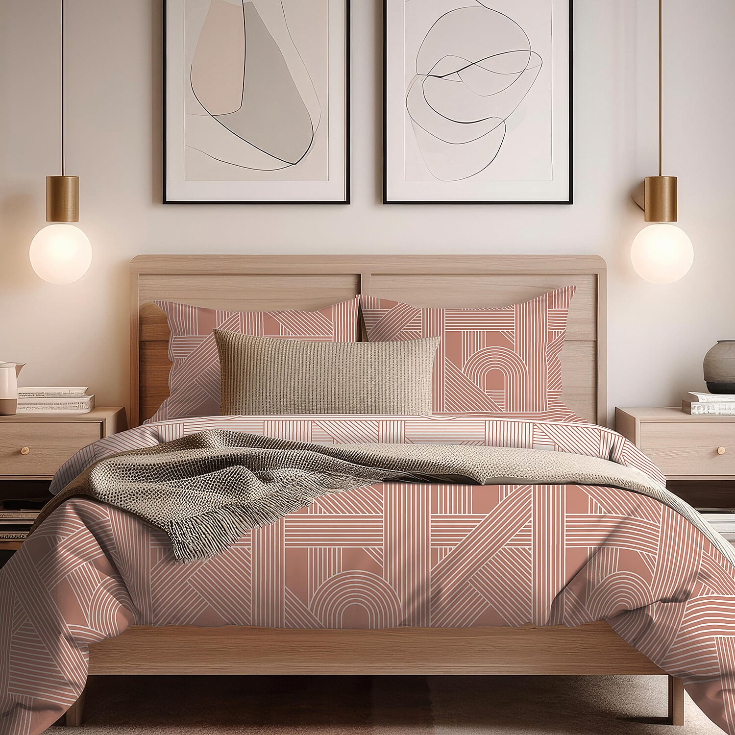 Frey Geometric Pattern Duvet Cover Set (Size Superking) - Terracotta