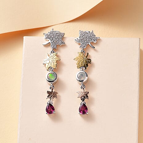 GP Italian Garden Collection - Ethiopian Opal, Rhodolite Garnet, Blue Sapphire & White Zircon Dangling Earring Sterling Silver 2.80 Ct.