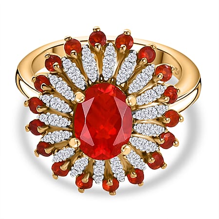 Crimson Fire Opal, White Zircon Floral Ring in 18K Yellow Gold Vermeil Plated Sterling Silver