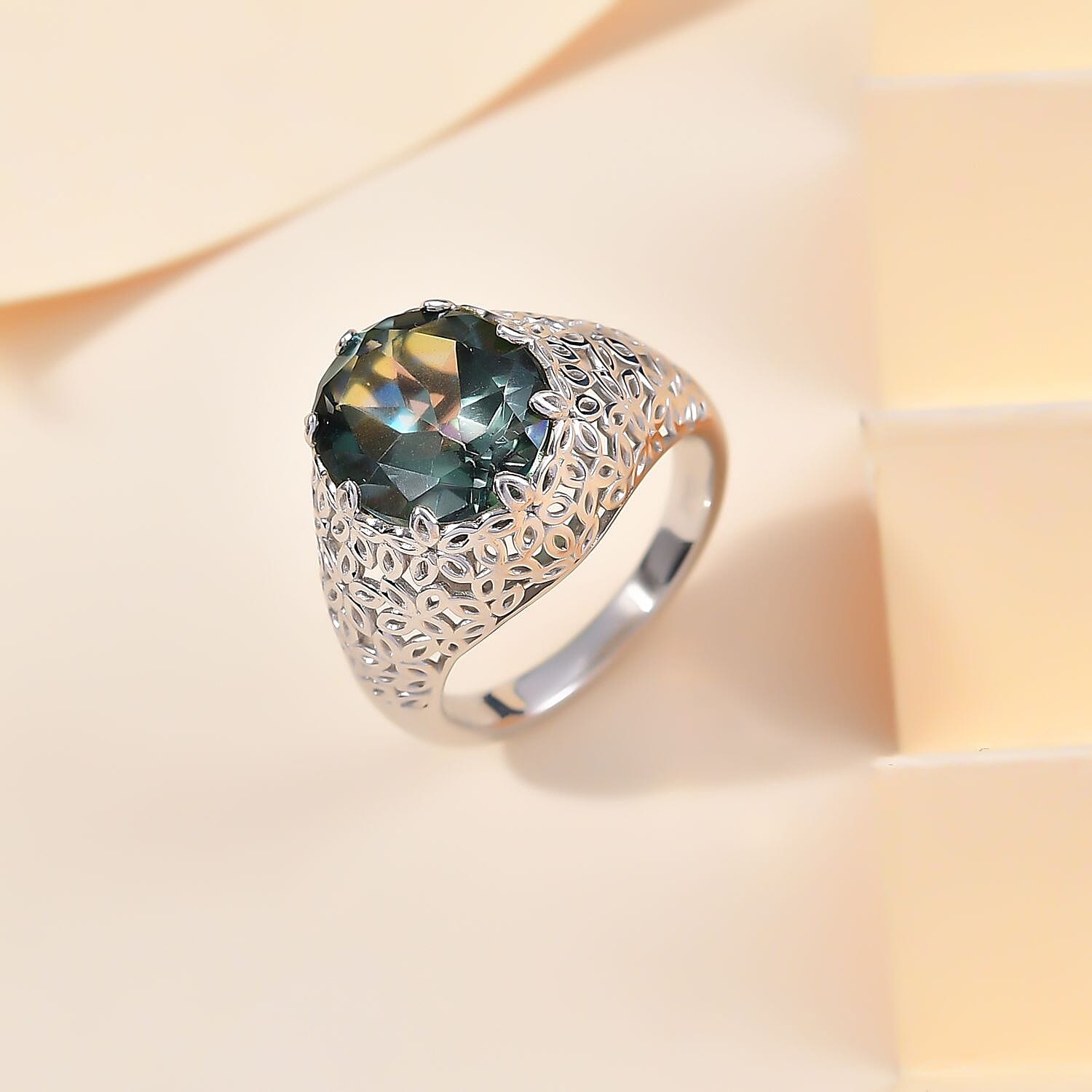 Neptine Mystic Quartz Solitaire Filligree Ring in Platinum Bond 4.24 Ct