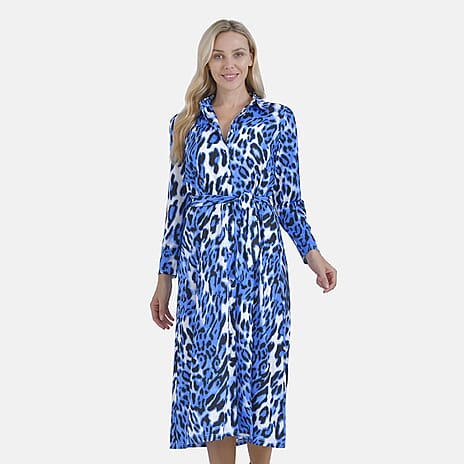 La marey Jersey Leopard Print Midi Dress with Waistband (Size S) - Blue