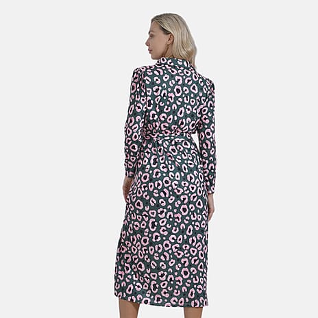 La marey Jersey Leopard Print Midi Dress with Waistband (Size XL) - Green & Pink
