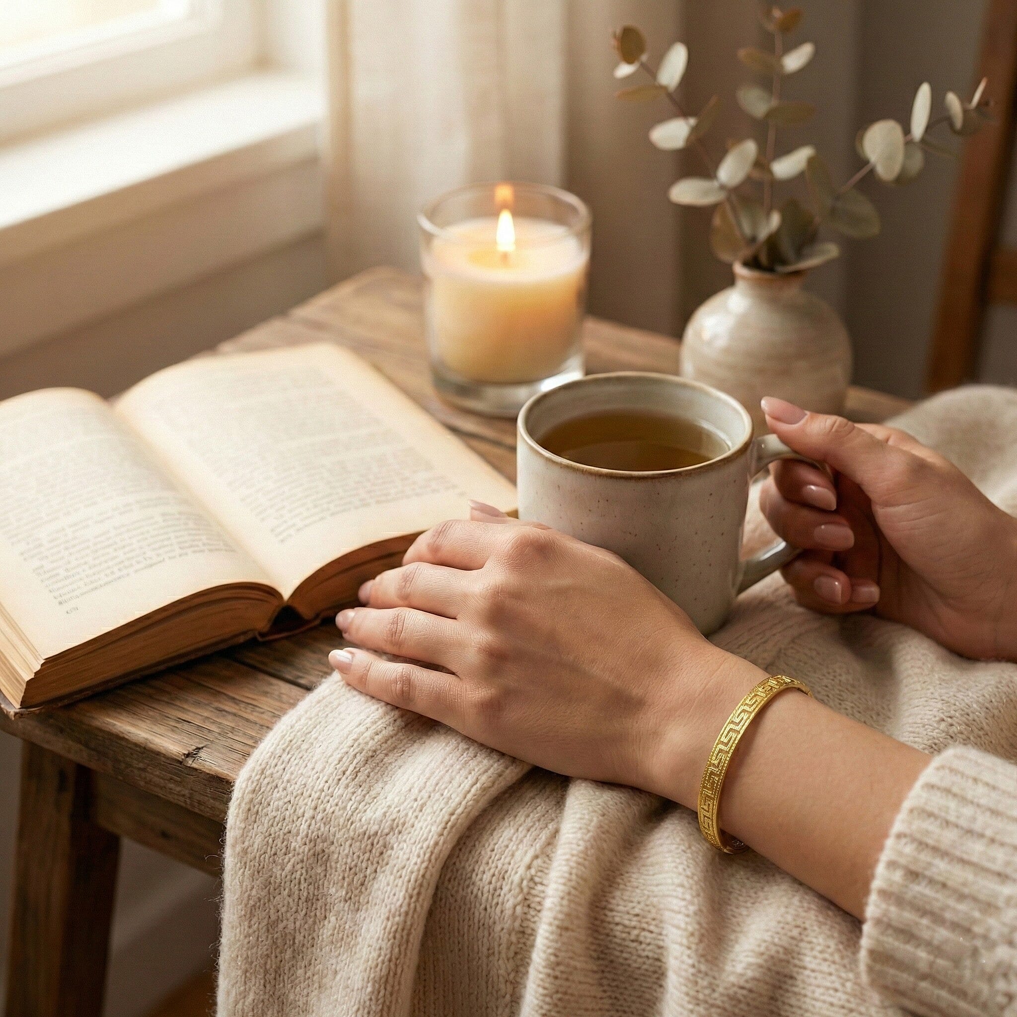 Maestro Collection - 9K Yellow Gold Greek Key Mesh Bangle (Size 7.5 Adjustable)