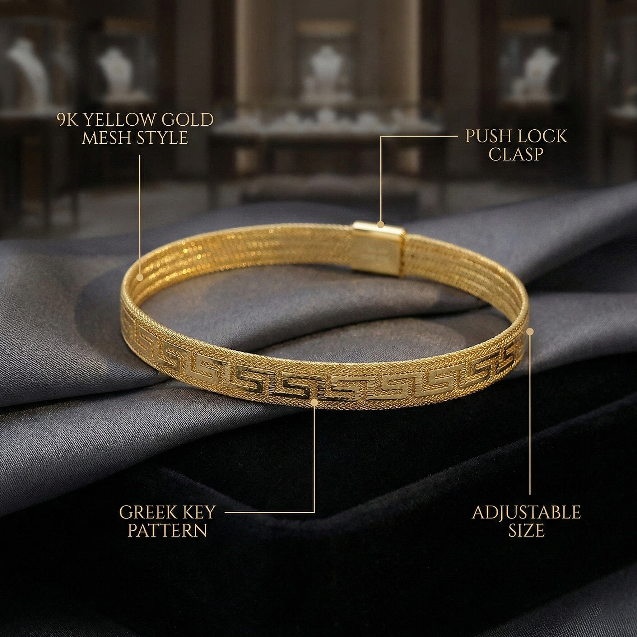 Maestro Collection - 9K Yellow Gold Greek Key Mesh Bangle (Size 7.5 Adjustable)