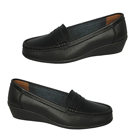 DOWN TO EARTH Leather Wedge Shoes (Size 4) - Black