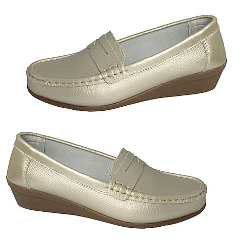 Down to Earth Leather Wedge Shoes (Size 3) - Champagne