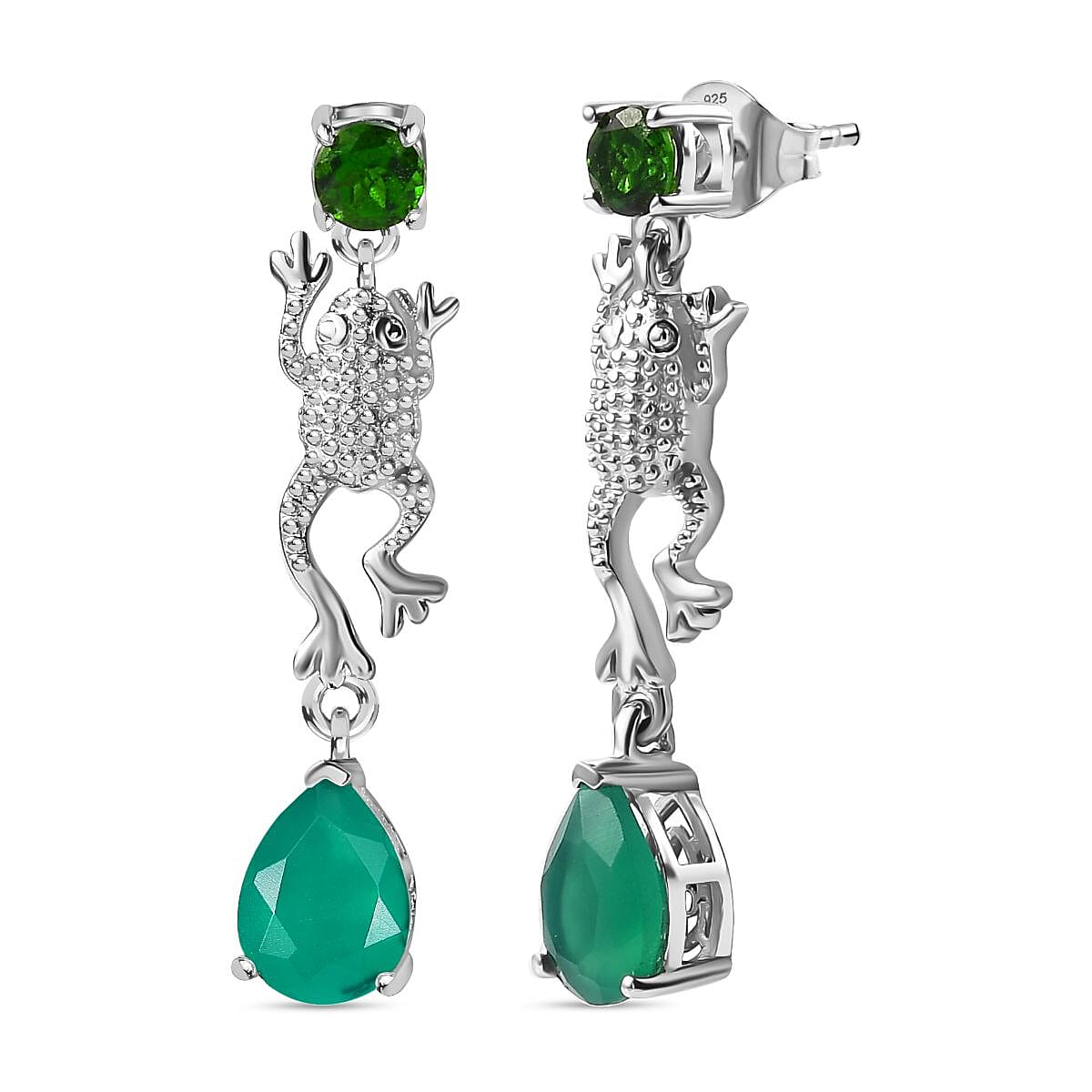 GP Italian Garden Collection - Natural Chrome Diopside, Blue Sapphire & Green Onyx Dangling Earring With Push Back in Rhodium Overlay Sterling Silver 2.78 Ct.