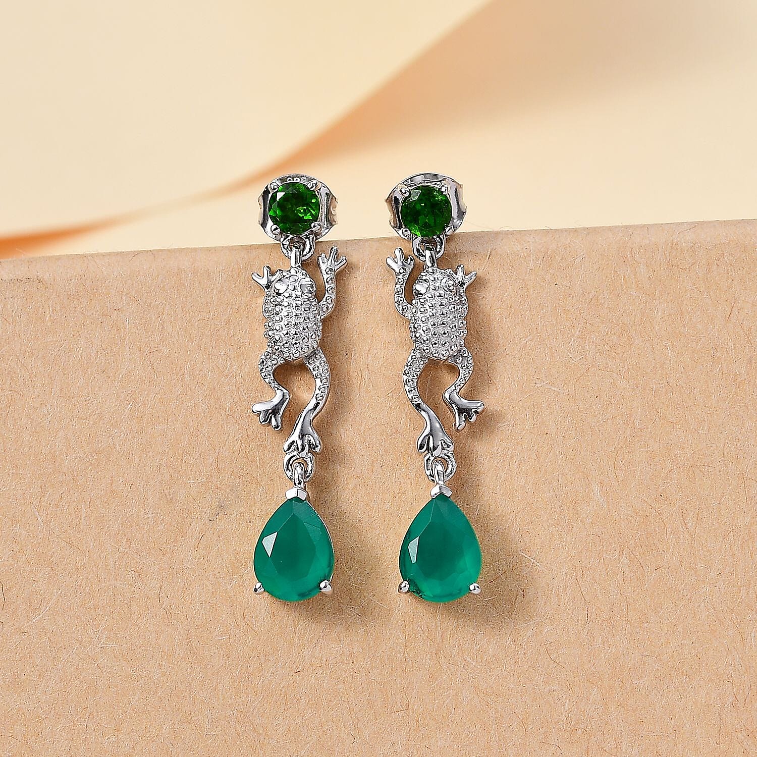 GP Italian Garden Collection - Natural Chrome Diopside, Blue Sapphire & Green Onyx Dangling Earring With Push Back in Rhodium Overlay Sterling Silver 2.78 Ct.
