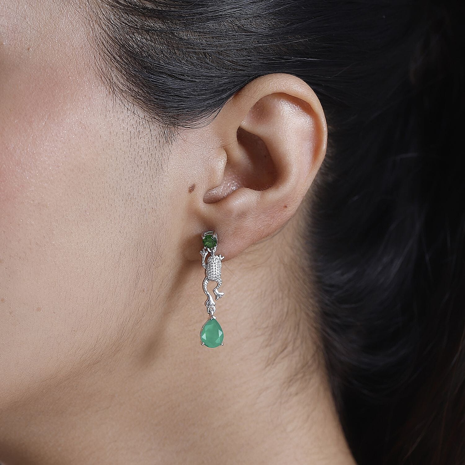 GP Italian Garden Collection - Natural Chrome Diopside, Blue Sapphire & Green Onyx Dangling Earring With Push Back in Rhodium Overlay Sterling Silver 2.78 Ct.