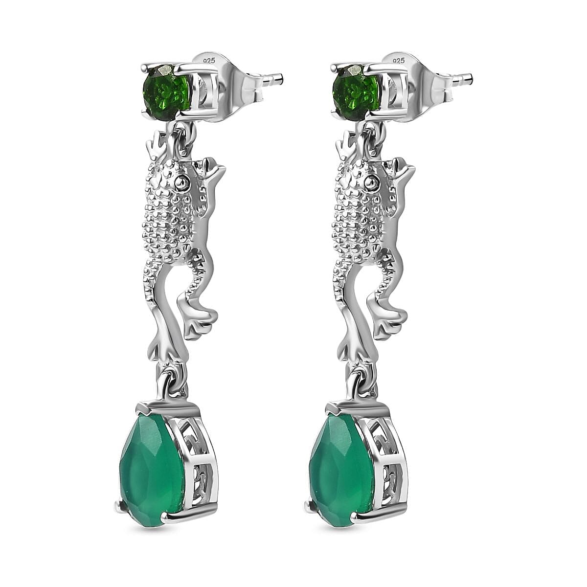 GP Italian Garden Collection - Natural Chrome Diopside, Blue Sapphire & Green Onyx Dangling Earring With Push Back in Rhodium Overlay Sterling Silver 2.78 Ct.