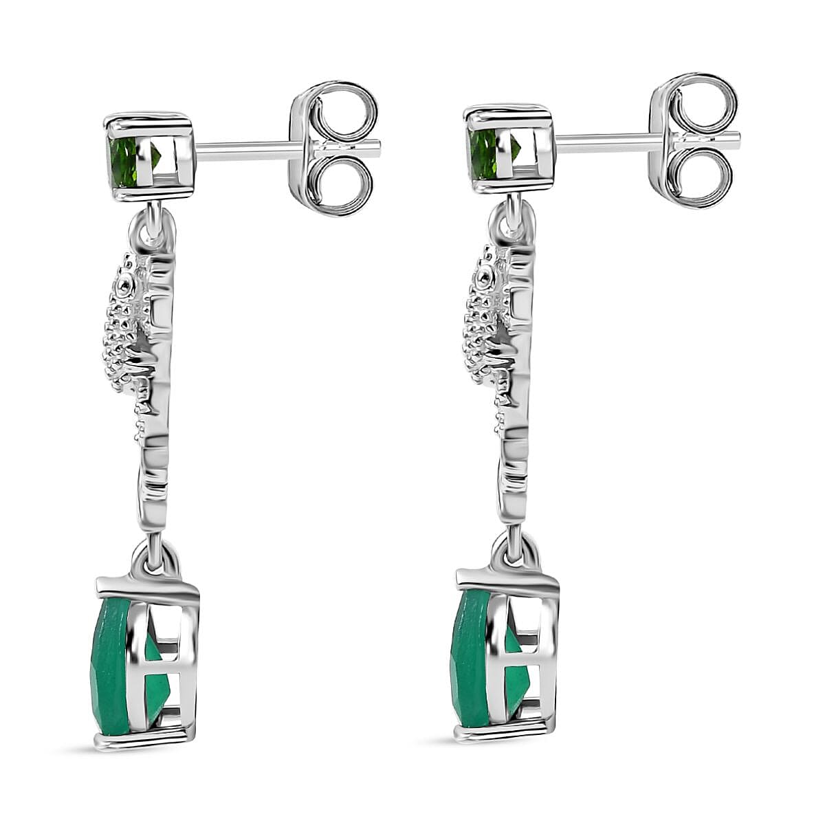 GP Italian Garden Collection - Natural Chrome Diopside, Blue Sapphire & Green Onyx Dangling Earring With Push Back in Rhodium Overlay Sterling Silver 2.78 Ct.