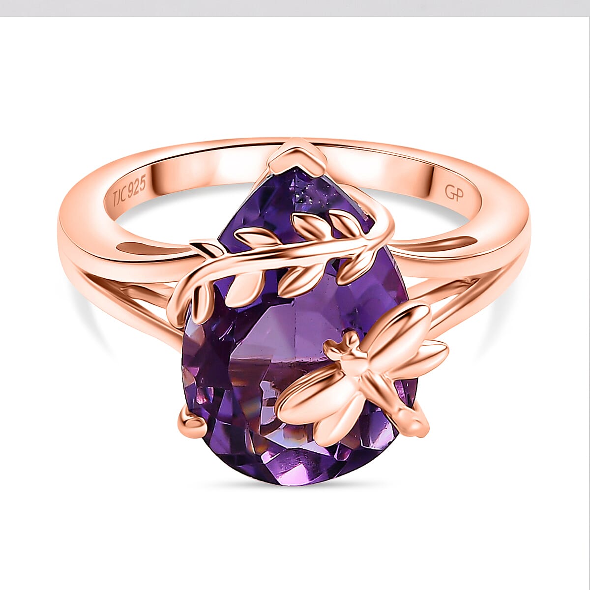 GP Rose De France Amethyst, Blue Sapphire Solitaire Ring in 18K RG Vermeil Sterling Silver 4.956 Ct.