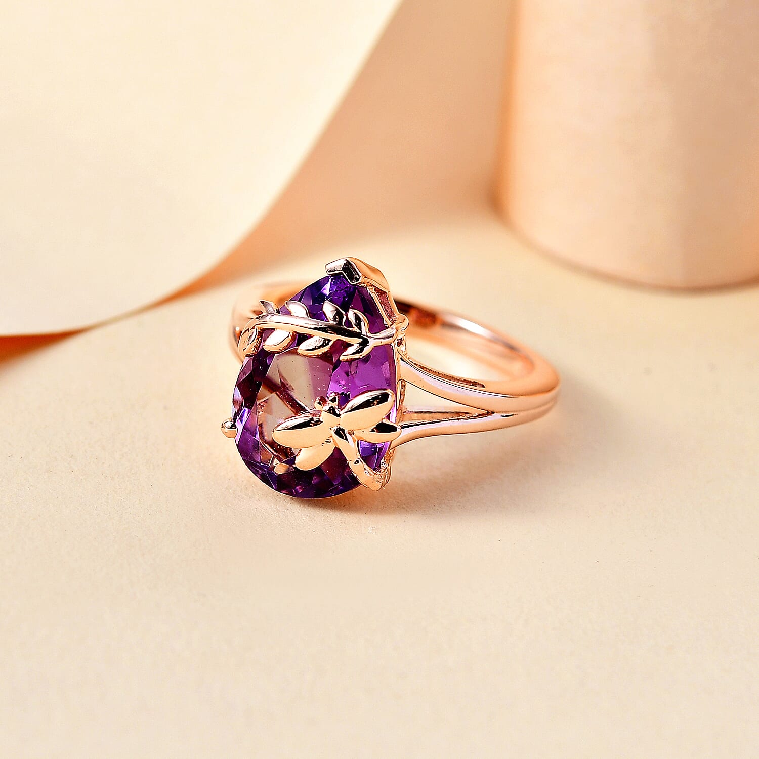 GP Rose De France Amethyst, Blue Sapphire Solitaire Ring in 18K RG Vermeil Sterling Silver 4.956 Ct.