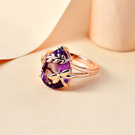 GP Rose De France Amethyst, Blue Sapphire Solitaire Ring in 18K RG Vermeil Sterling Silver 4.956 Ct.