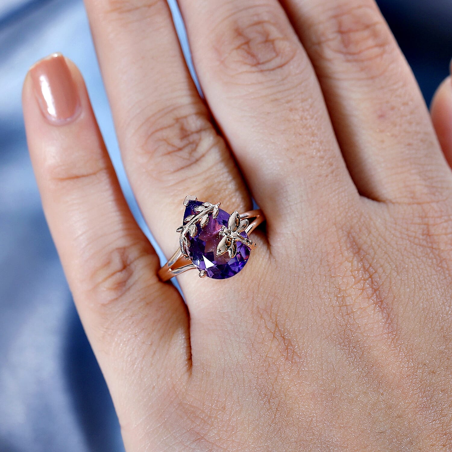 GP Rose De France Amethyst, Blue Sapphire Solitaire Ring in 18K RG Vermeil Sterling Silver 4.956 Ct.