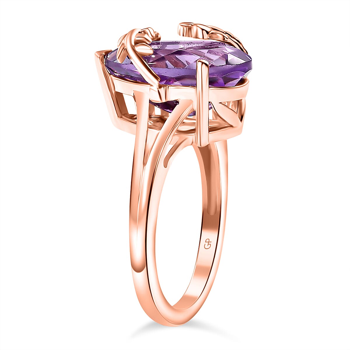 GP Rose De France Amethyst, Blue Sapphire Solitaire Ring in 18K RG Vermeil Sterling Silver 4.956 Ct.