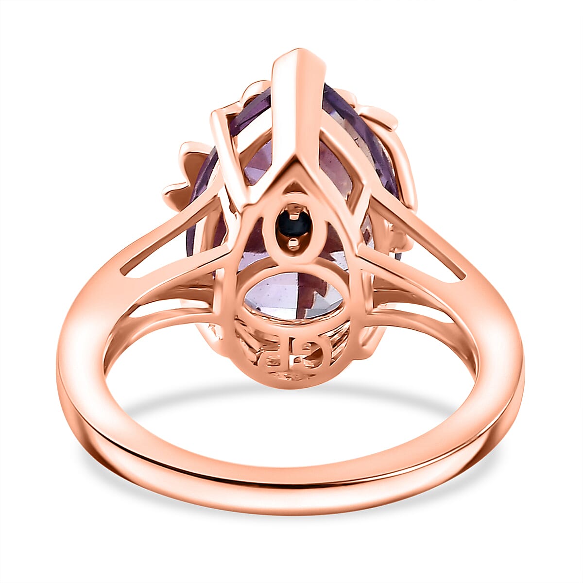 GP Rose De France Amethyst, Blue Sapphire Solitaire Ring in 18K RG Vermeil Sterling Silver 4.956 Ct.