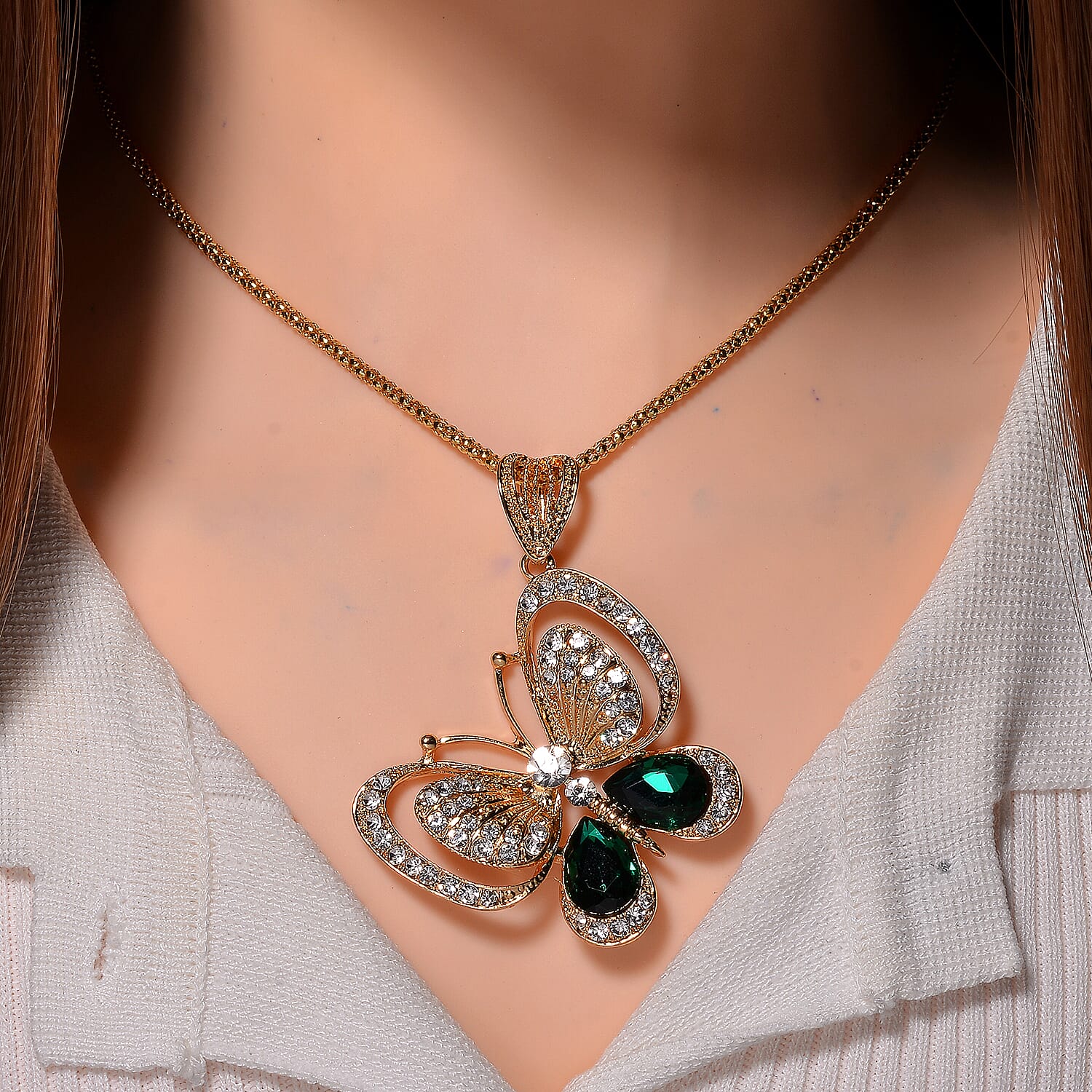 Green & White Crystal  Necklace (Size - 24)