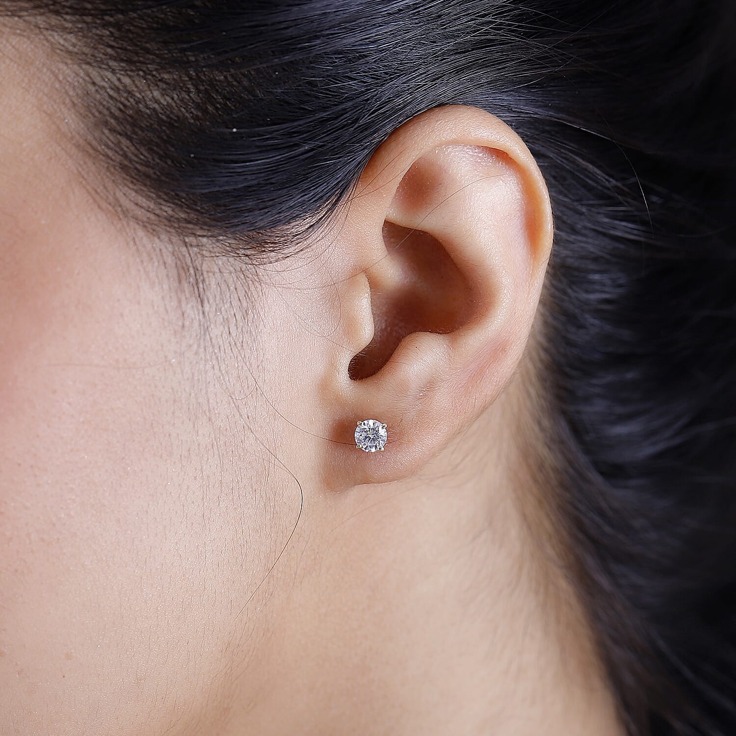 J Francis - 9K Yellow Gold Swarovski Zirconia Solitaire Stud Earring With Push Back 1.49 Ct.