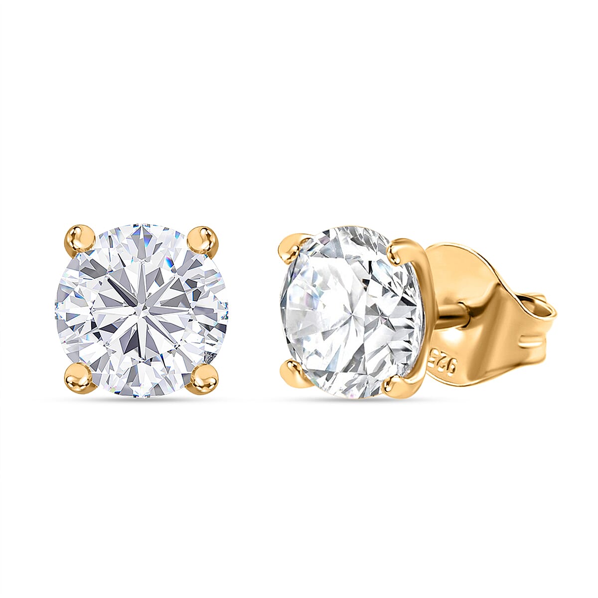 J Francis - 9K Yellow Gold Swarovski Zirconia Solitaire Stud Earring With Push Back 1.49 Ct.